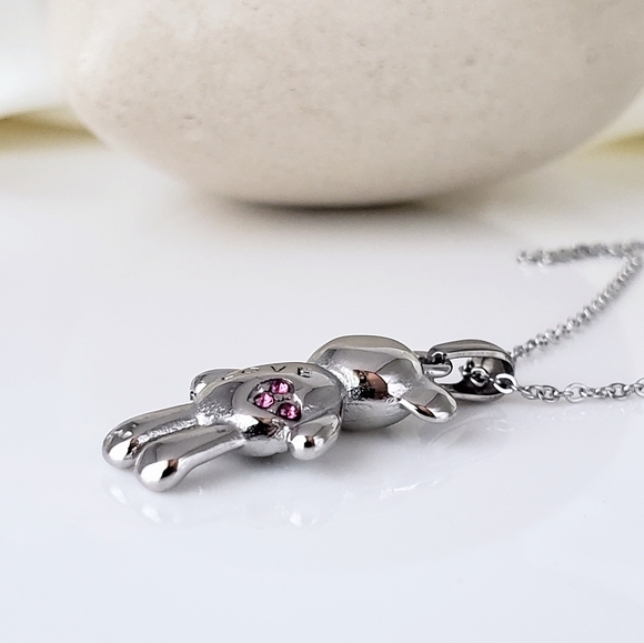 NEW 18K White Gold Silver Tone Teddy Bear Necklace with Pink CZ Diamonds - Picture 6 of 8
